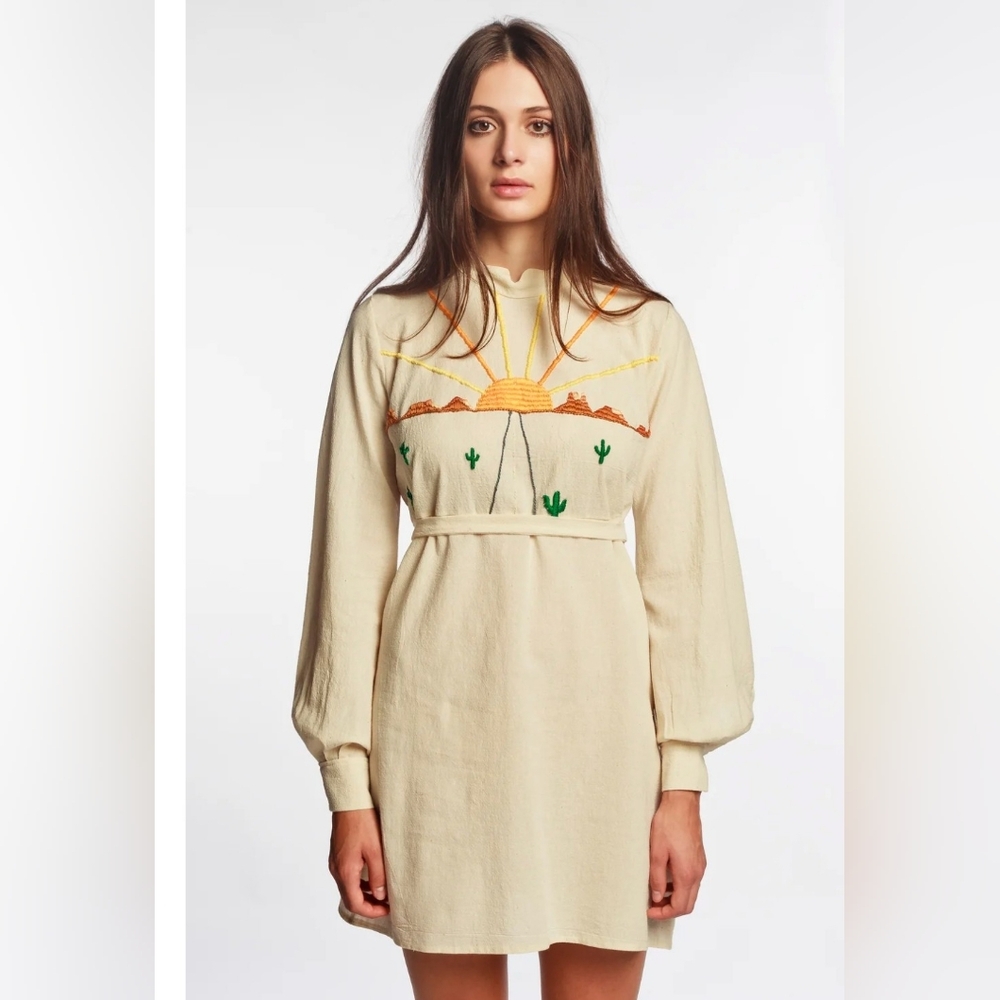 Desert Sun On The Road Embroidered Mini Dress S Southwest Boho Hippie Western